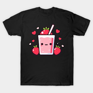 Cute Strawberry Milkshake with Strawberries and Hearts | Kawaii Food Characters T-Shirt